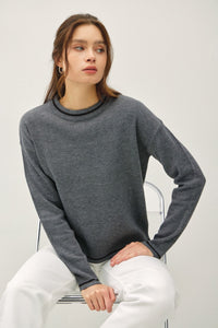 Hazel Blues® |  Be Cool Striped Trim Round Neck Long Sleeve Sweater