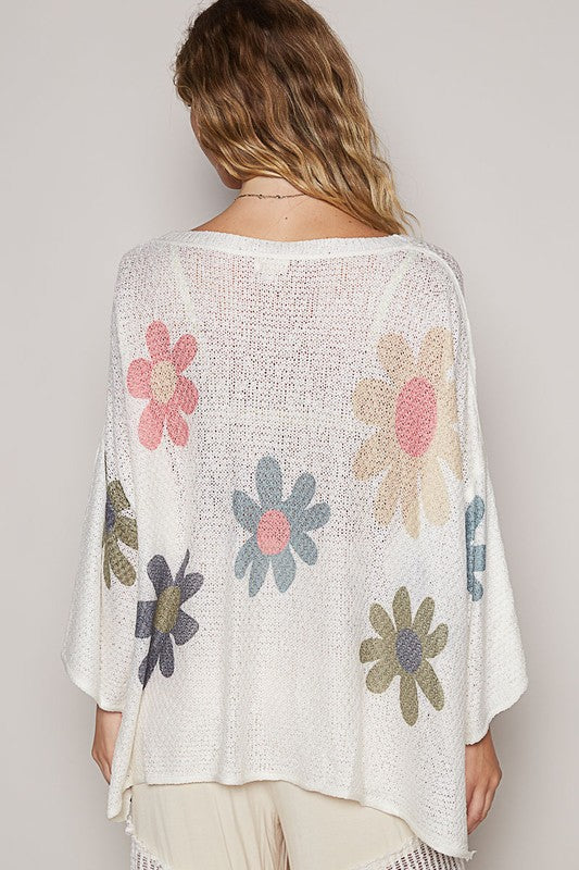 Hazel Blues® |  POL Flower Dropped Shoulder Long Sleeve Knit Top