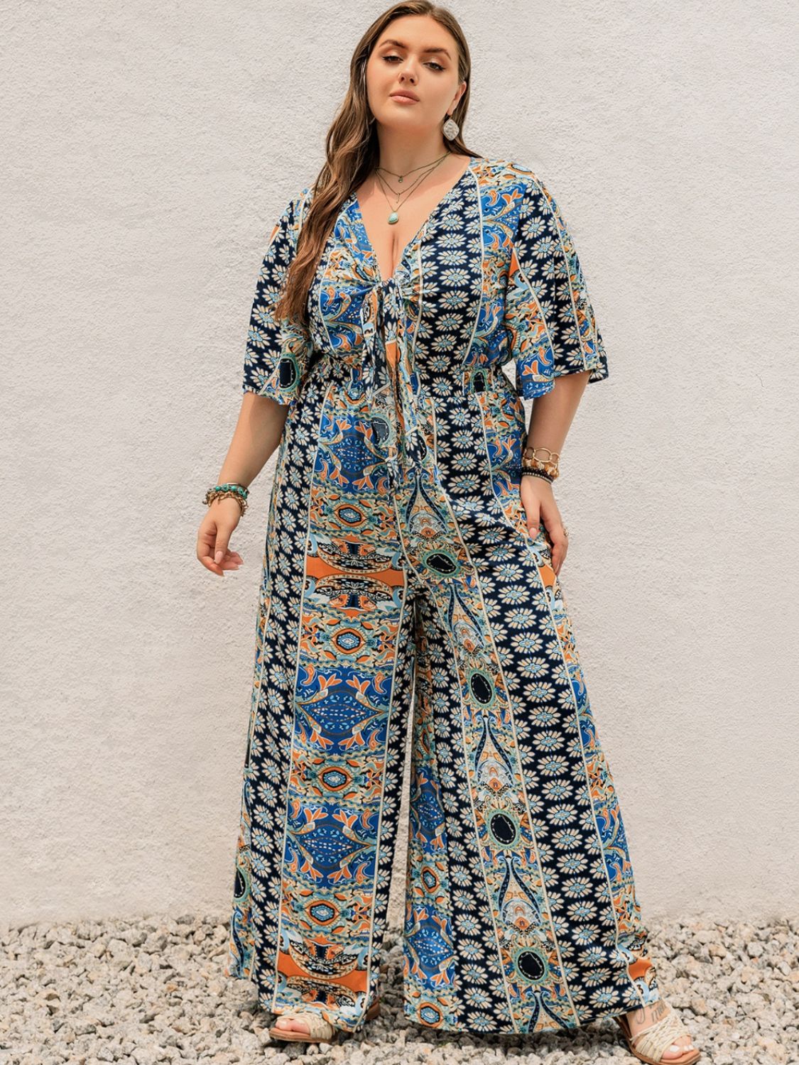 Hazel Blues® | Printed Half Sleeve Wide Leg Jumpsuit