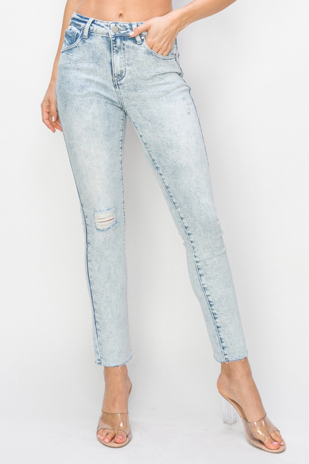 Hazel Blues® |  Risen High Rise Distressed Skinny Jeans