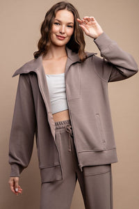 Hazel Blues® |  Modal Poly Full Zip Jacket in Mocha