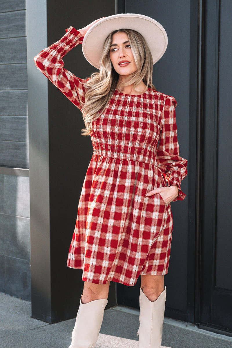 Red Plaid Print Smocked Puff-Sleeve Mini Dress – Hazel Blues®