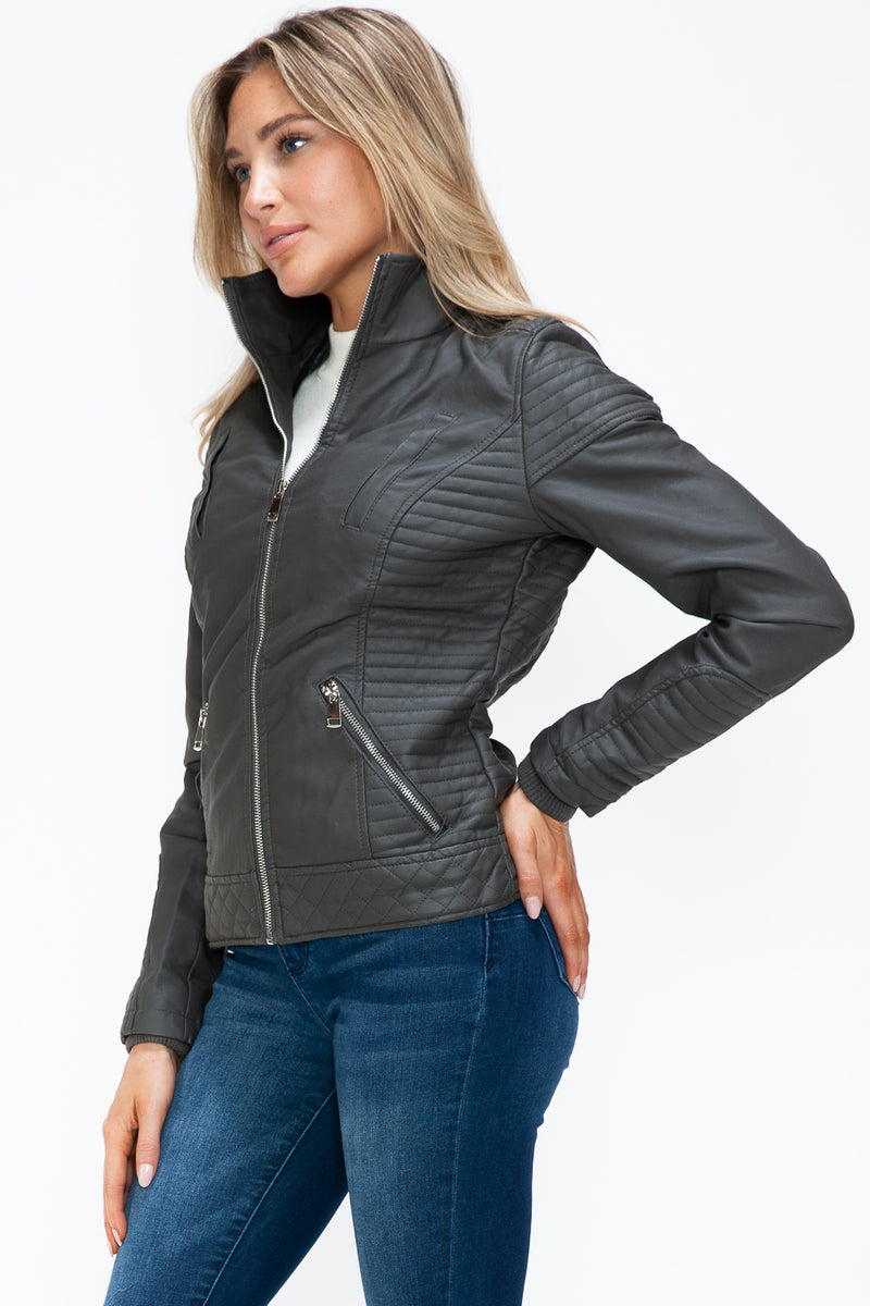 Hazel Blues® |  YMI Faux Layered Double-Zipper Jacket with Fuzzy Hood