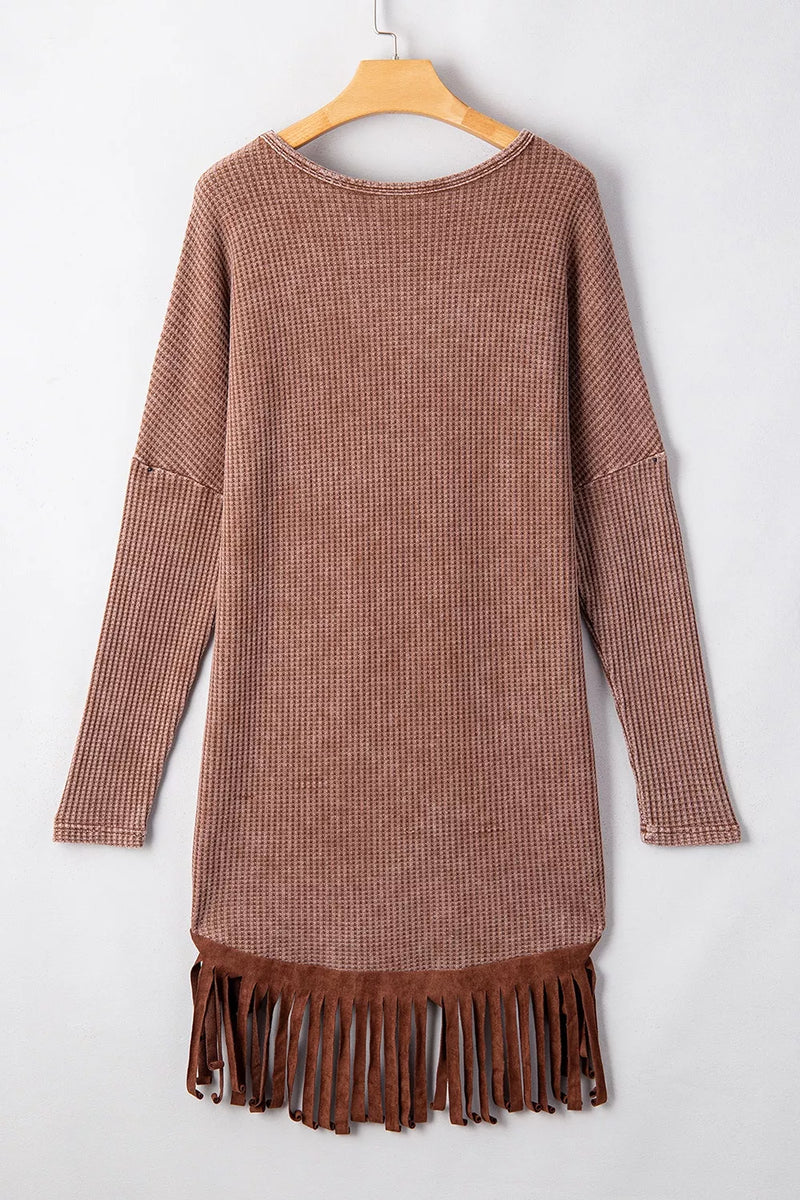 Waffle Knit Fringed High-Low Loose Top – Hazel Blues®
