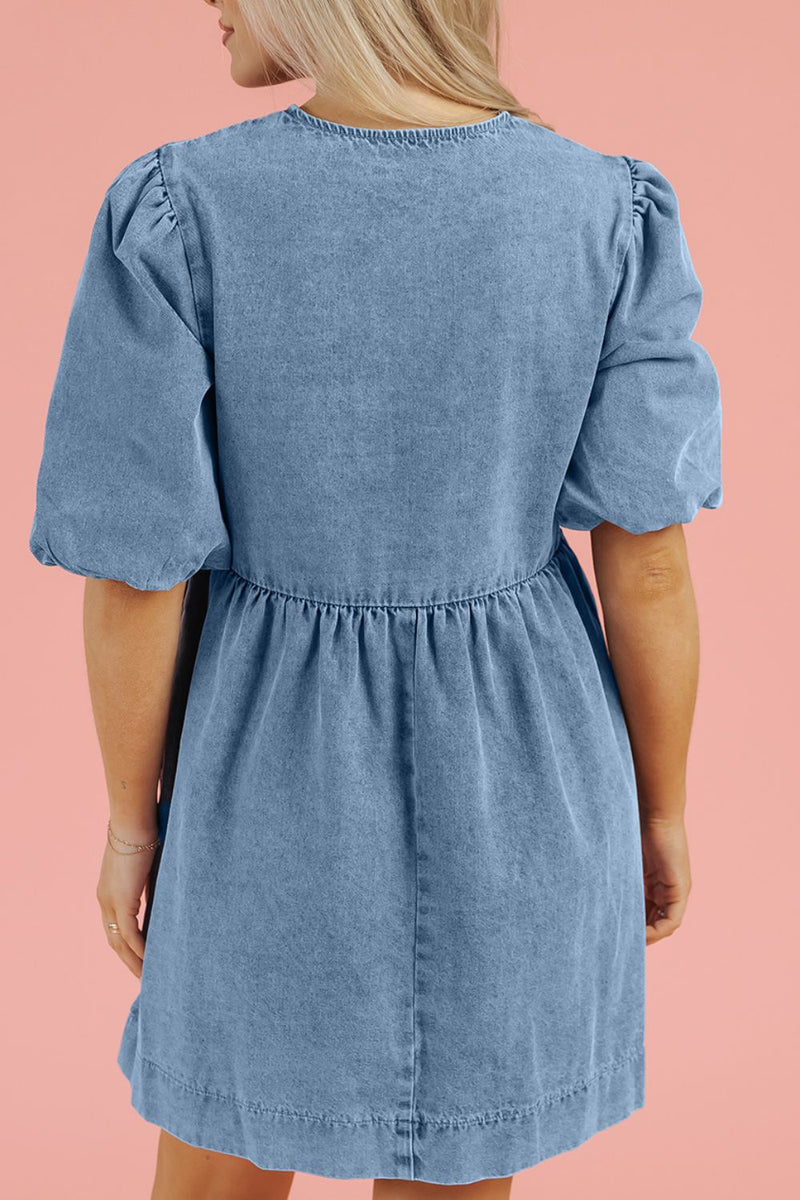 bowknot denim dress SHEIN Young Girls Denim Dress Blue Back-To-School Sweet Princess Washed Cotton Denim Shirt Collar Puff Sleeves White Bowknot Loose Hem Daily School Party