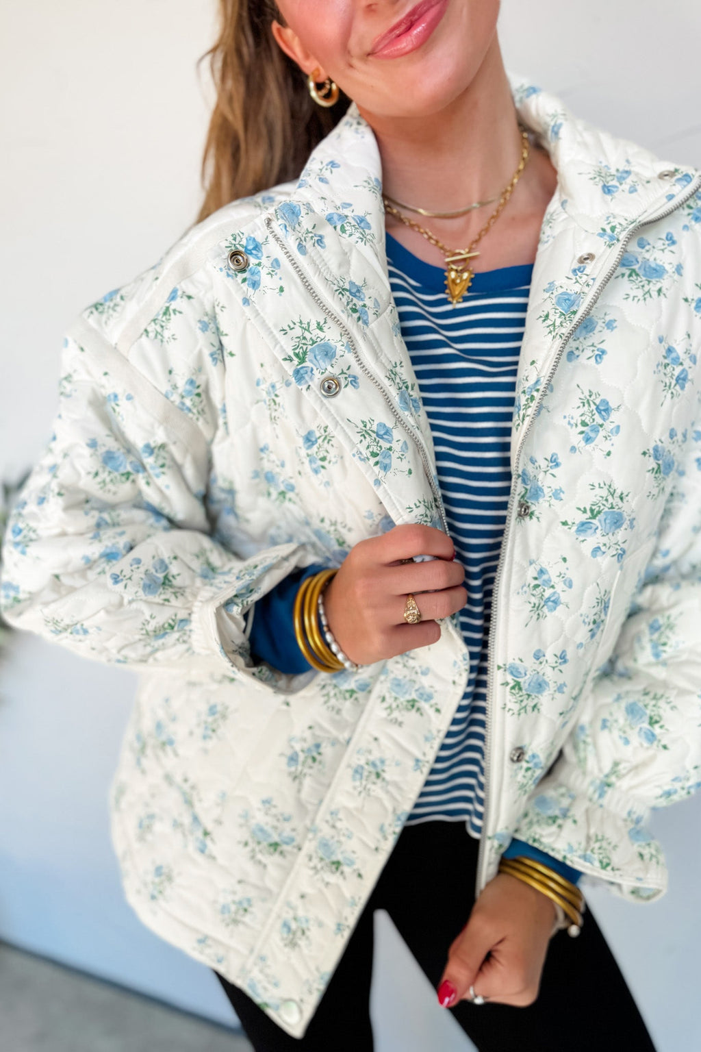 Blue Floral Quilted Ruffle-Sleeve Puffer Coat