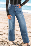 Hazel Blues® |  Stone Blue Star Patchwork Cropped Wide Leg High Waist Jeans