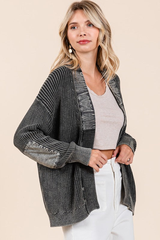 Hazel Blues® |  Mittoshop Contrast Patch Open Front Mineral Wash Cardigan