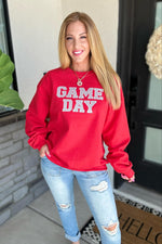 Hazel Blues® |  PREORDER: Embroidered Glitter Game Day Sweatshirt in Red/Silver