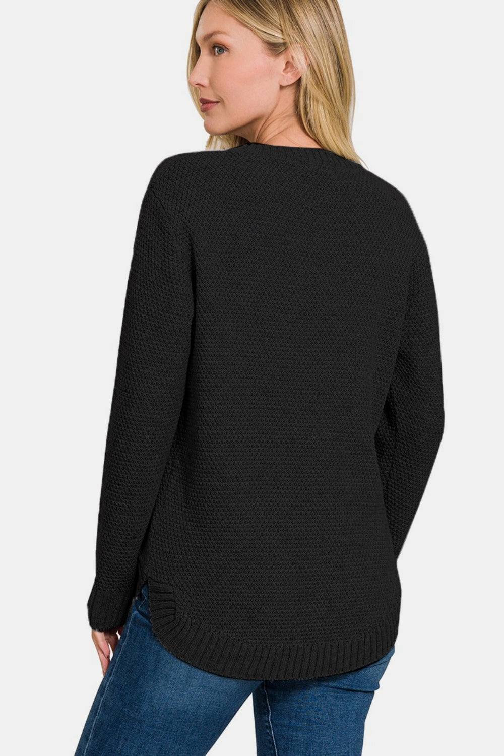 Hazel Blues® |  Zenana Ful Size Round Neck Long Sleeve Curved Hem Sweater