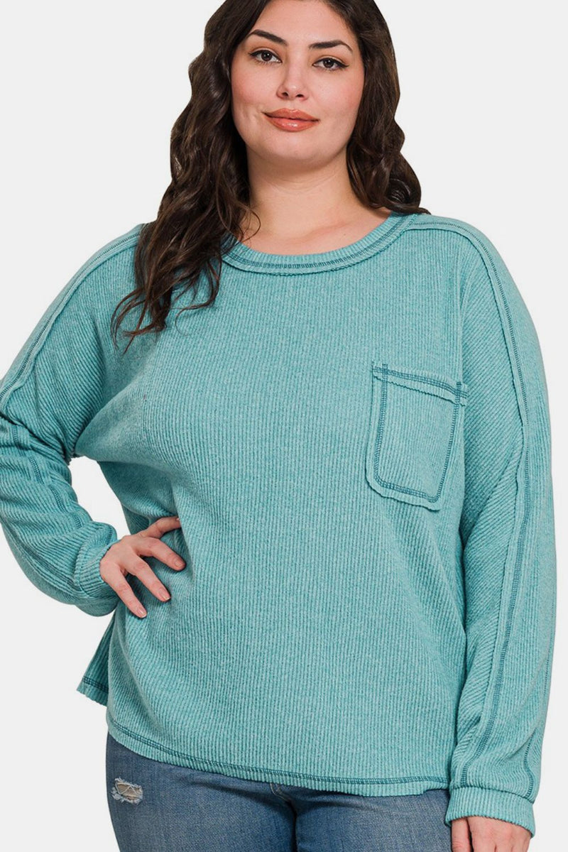 Hazel Blues® |  Zenana Contrast Stitching Brushed Ribbed Hacci Knit Top Plu Size