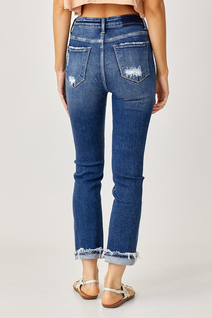 Hazel Blues® |  Risen High-Rise Frayed Cuffed Straight Jeans