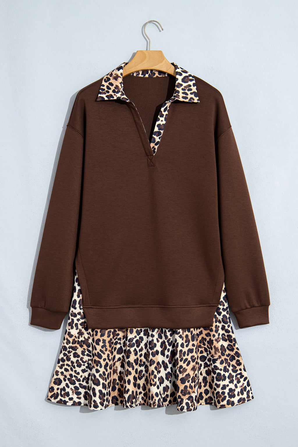 Olive Grace Coffee Leopard Patchwork Collar Long-Sleeve Dress