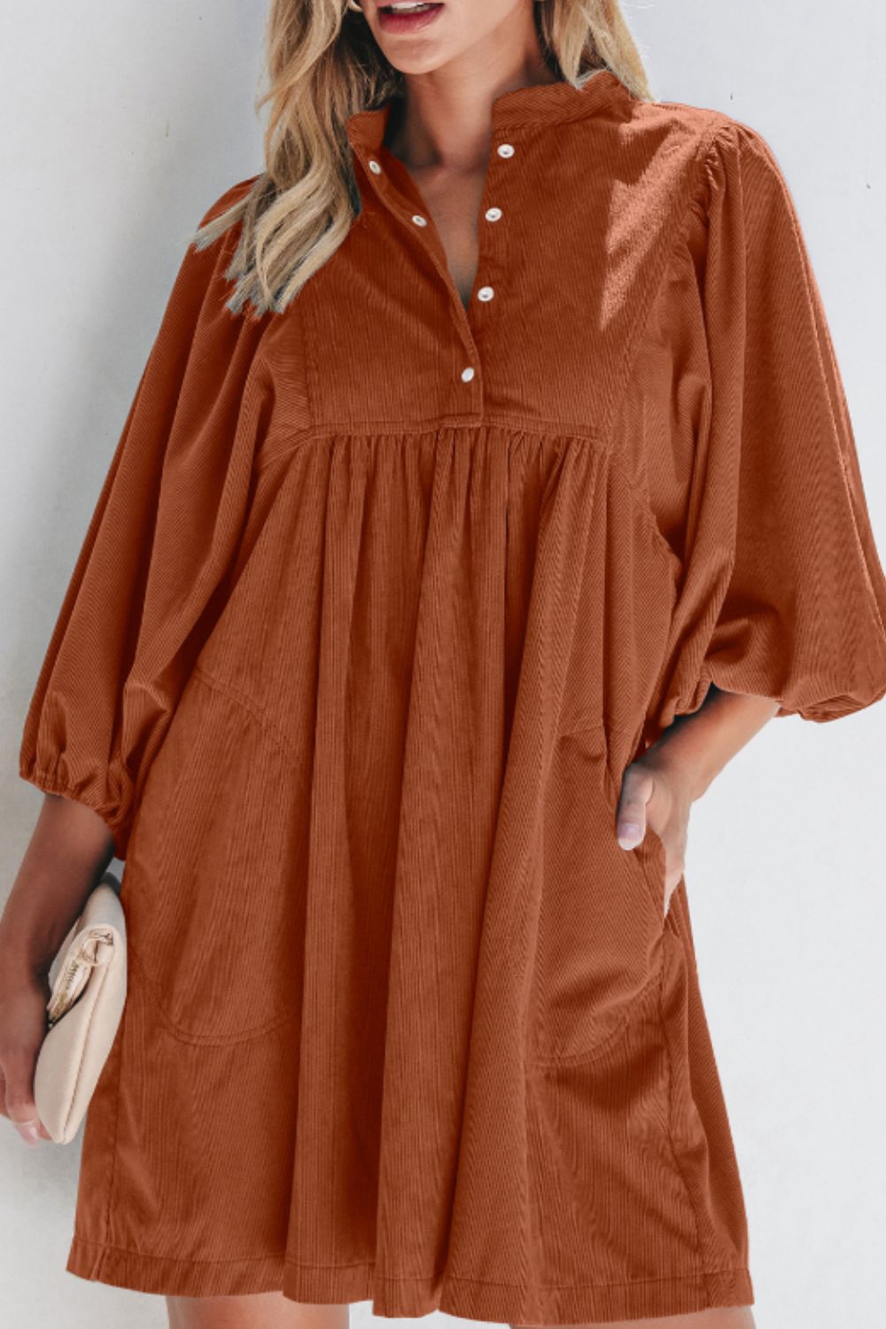 Hazel Blues® |  Corduroy Quarter Snap Three-Quarter Sleeve Dress