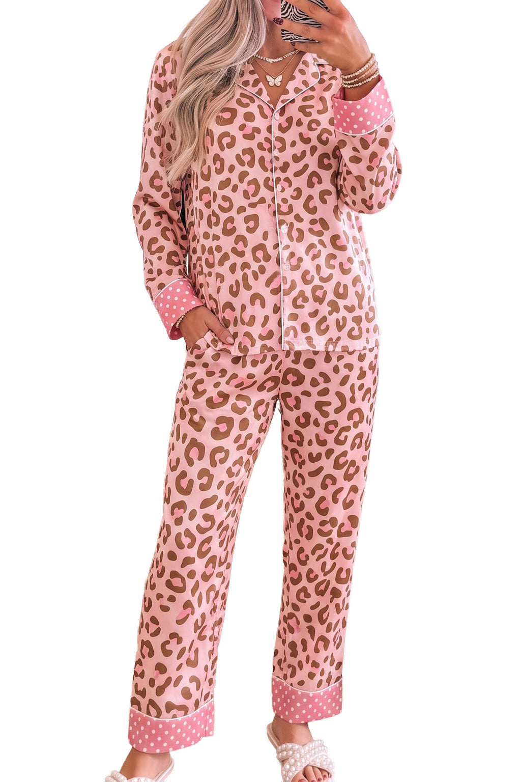 Pink Leopard Polka Dot-Trim Pajama Set