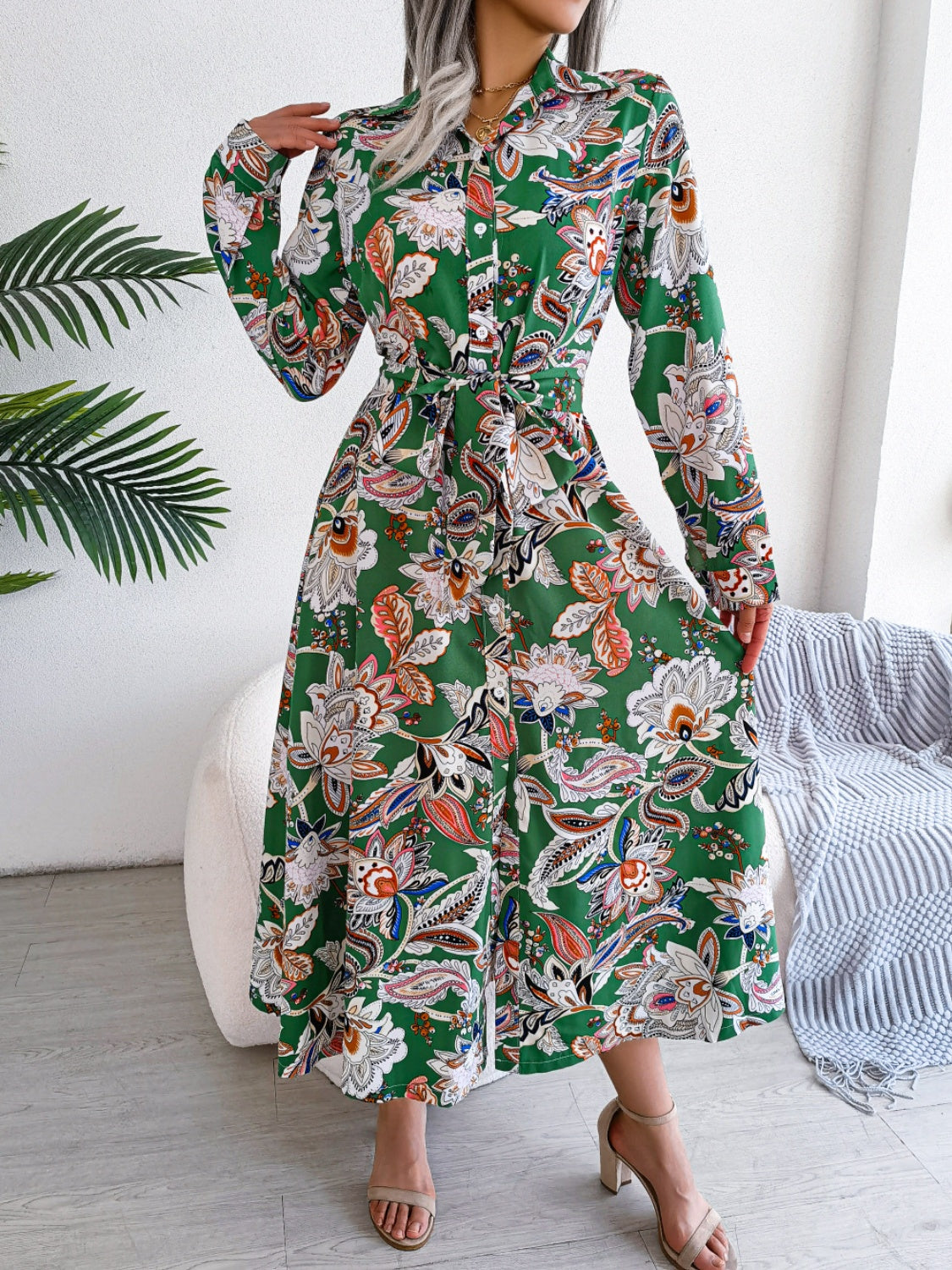 Hazel Blues® |  Tied Printed Long Sleeve Midi Dress