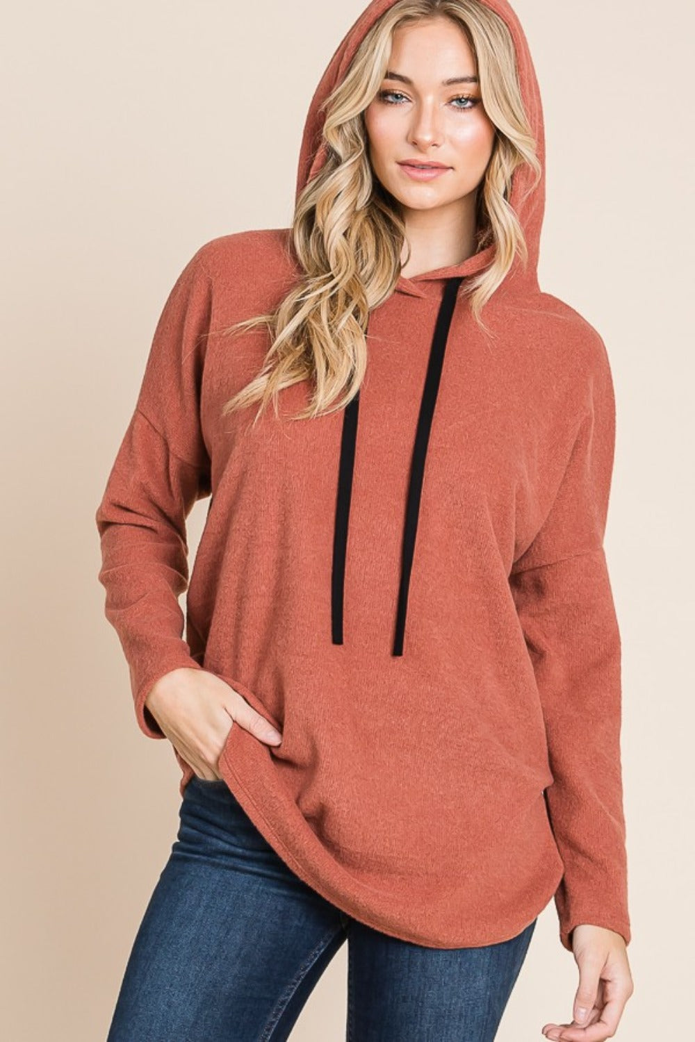 Hazel Blues® |  BOMBOM Contrast Drawstring Drop Shoulder Knit Hoodie