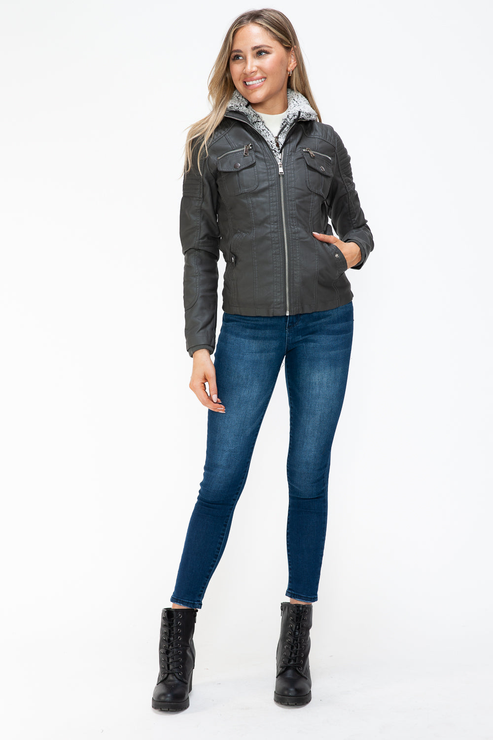 Hazel Blues® |  YMI Removable Faux Layered Multi-Pocket Jacket with Fuzzy Hood