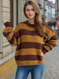 Hazel Blues® |  Contrast Striped Round Neck Long Sleeve Sweater