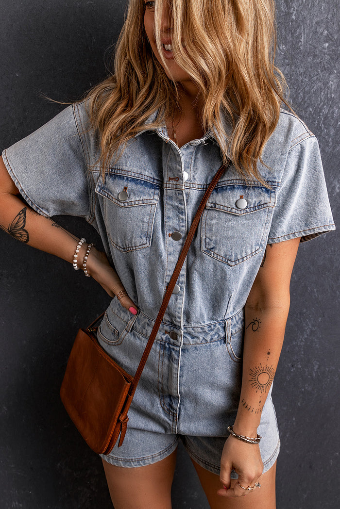 Hazel Blues® |  Collared Neck Short Sleeve Denim Romper