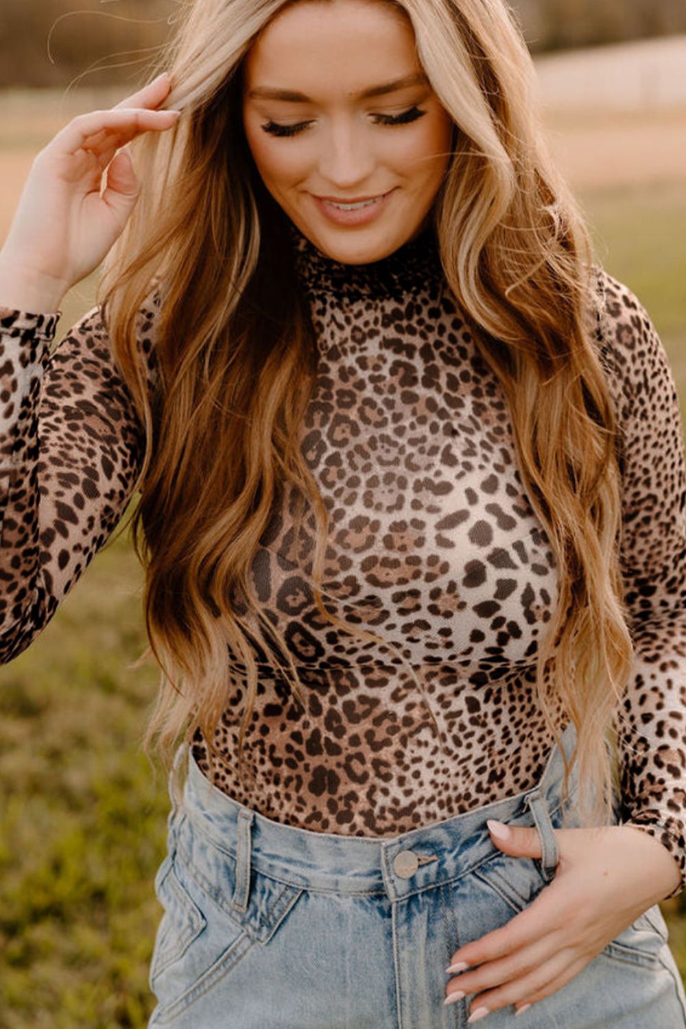 Hazel Blues® |  Turtleneck Leopard Long Sleeve Bodysuit