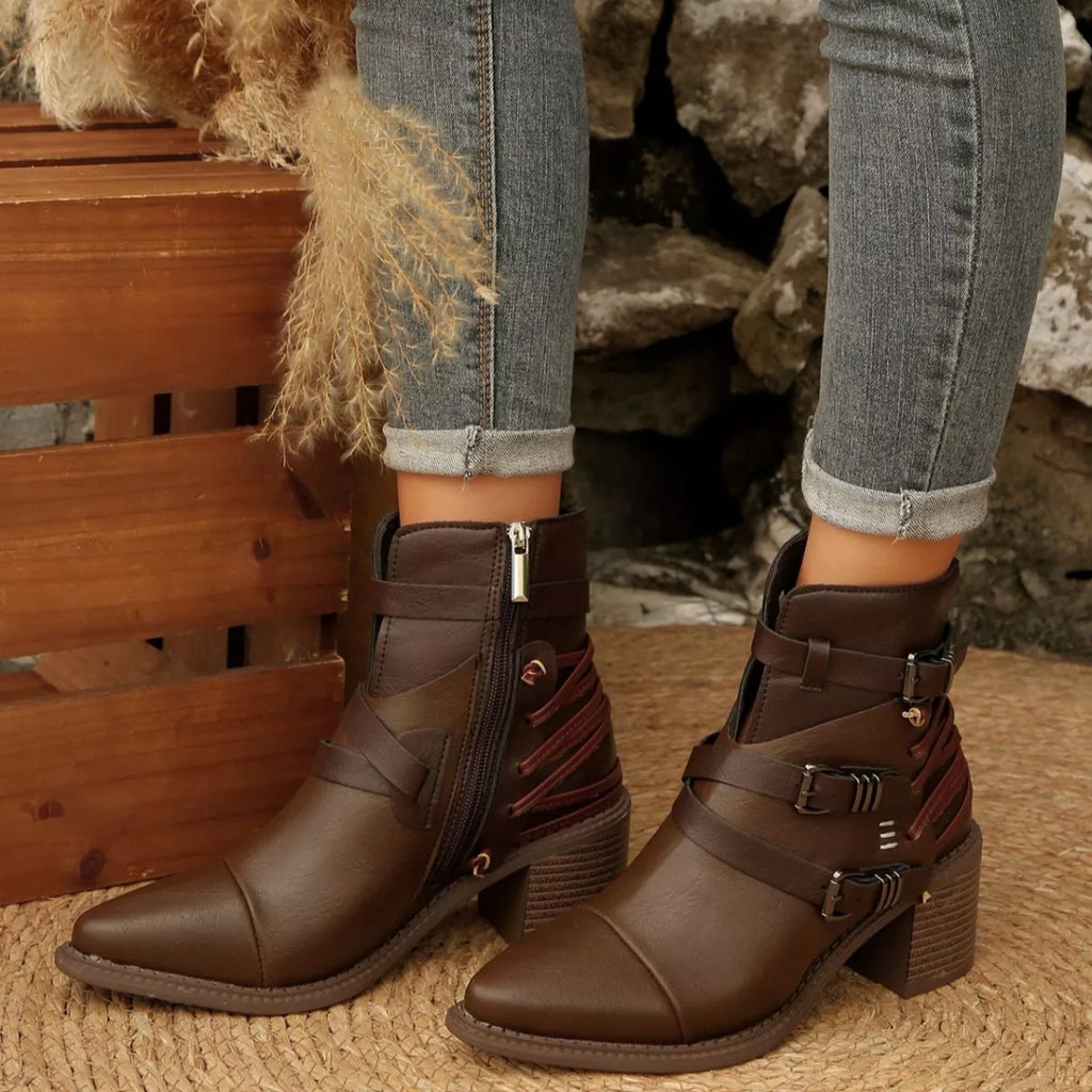 Hazel Blues® | Point Toe Buckle Strap Ankle Boots with Block  display picture 1