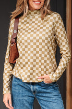 Hazel Blues® |  Khaki Check Pattern Turtleneck Ribbed Slim Long Sleeve Tee
