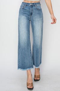 Hazel Blues® |  RISEN Raw Hem Cropped Wide Leg Jeans