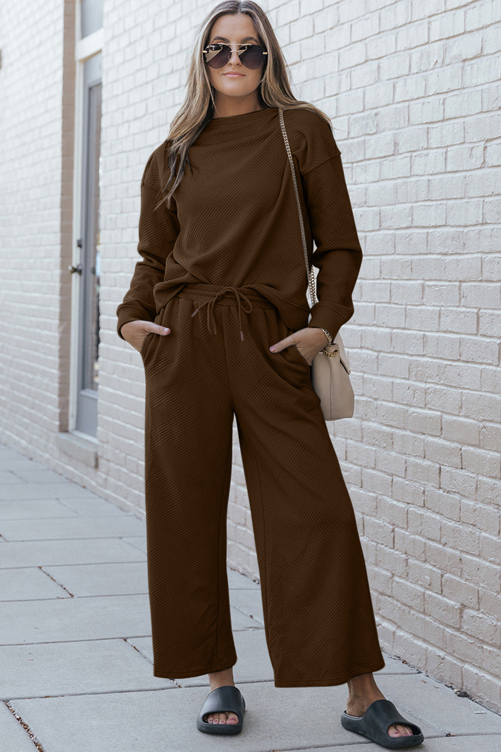 Hazel Blues® |  Double Take Textured Long Sleeve Top and Drawstring Pants Set