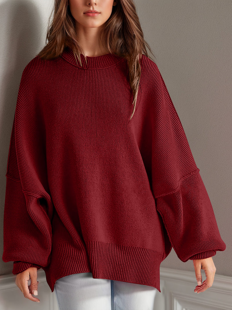 Hazel Blues® |  Double Take Side Slit Round Neck Long Sleeve Sweater