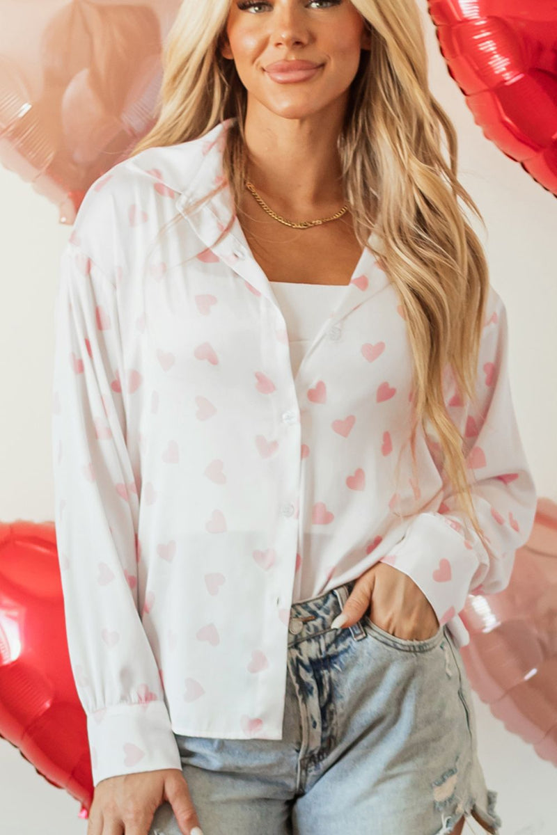 Hazel Blues® |  Heart Print Collared Neck Long Sleeve Shirt