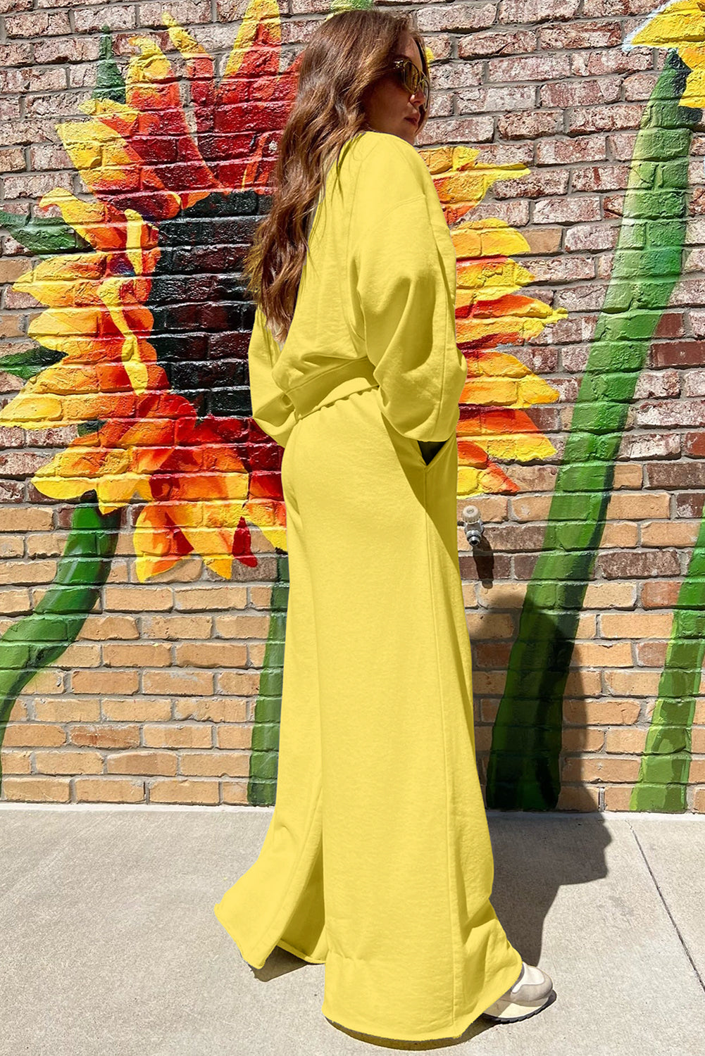 Hazel Blues® |  Yellow Cream Drop Shoulder Puff Sleeve Crop Pullover Drawstring Wide Leg Pants Set