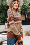 Hazel Blues® |  Khaki Aztec Print Colorblock Crew Neck Sweater