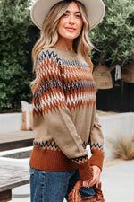 Hazel Blues® |  Khaki Aztec Print Colorblock Crew Neck Sweater