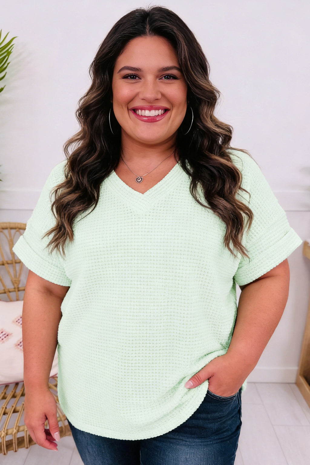 V-Neck Short Sleeve Waffle Knit Top | Short Sleeve V-Neck Top