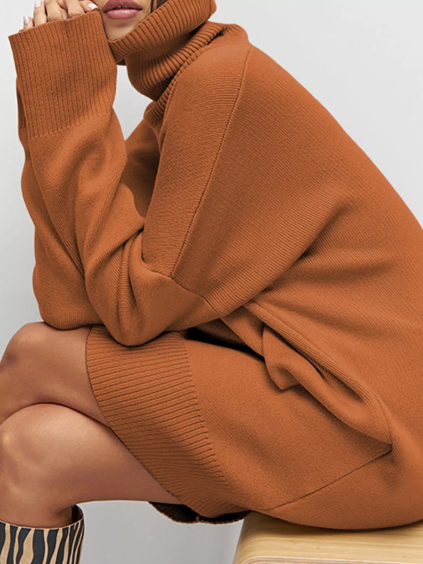 turtleneck loose sweater dress Solid Color Turtleneck Drop Shoulder Loose Sweater Dress Caramel / S