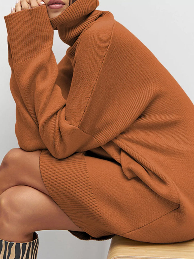 Solid Color Turtleneck Drop Shoulder Loose Sweater Dress Caramel / M Solid Color Turtleneck Drop Shoulder Loose Sweater Dress Caramel / M