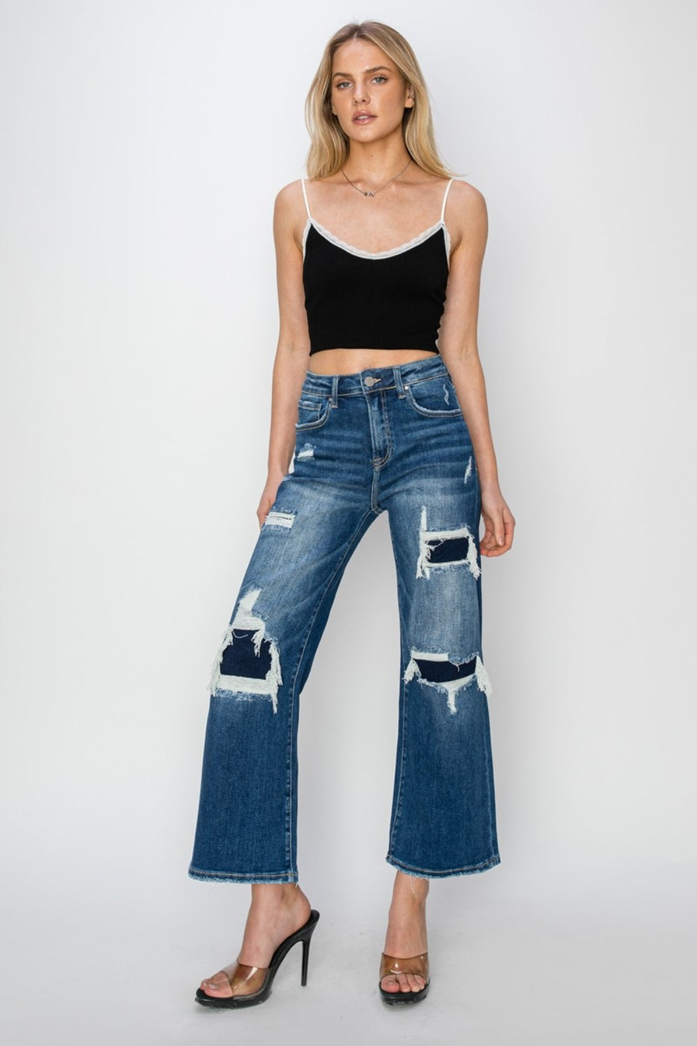 Hazel Blues® |  Risen High Rise Patch Detailed Wide Leg Crop Jeans