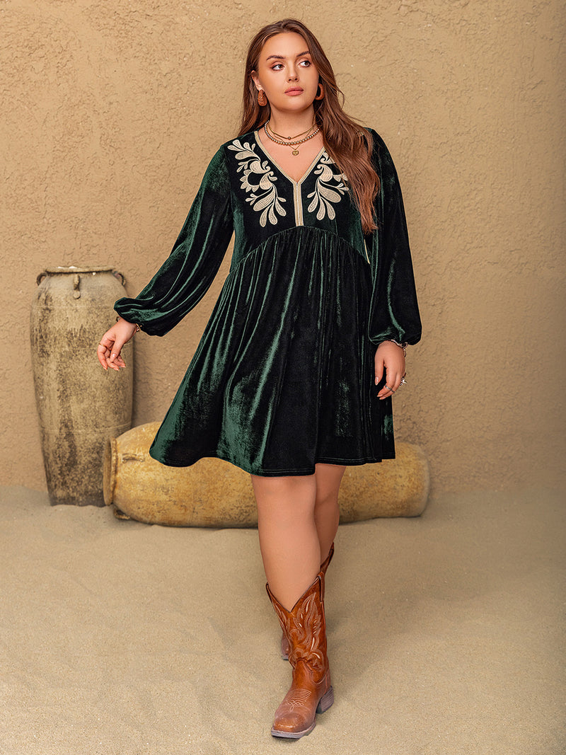 Hazel Blues® | Embroidered V-Neck Long Sleeve Dress