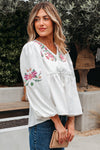 Hazel Blues® |  White Flower Lace-up V Neck Babydoll Blouse
