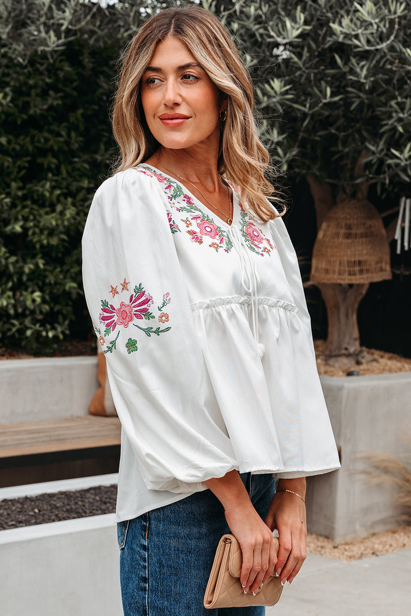 Hazel Blues® |  White Flower Lace-up V Neck Babydoll Blouse