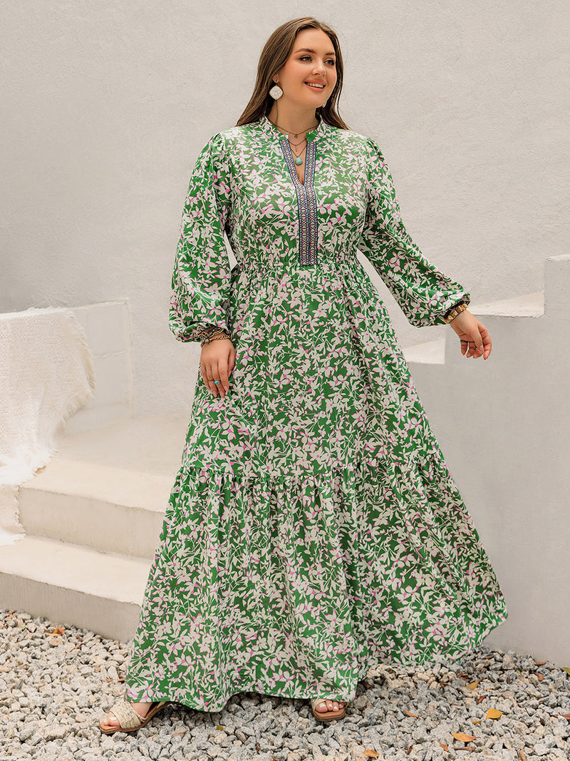Hazel Blues® |  Printed Notched Long Sleeve Maxi Dress