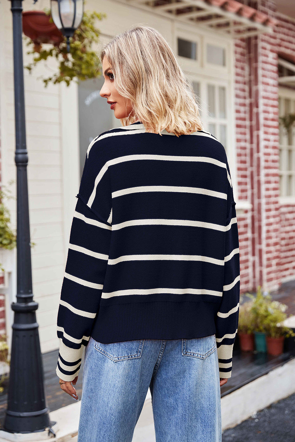 Hazel Blues® |  Striped Johnny Collar Sweater