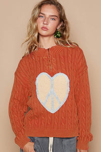 Hazel Blues® |  POL Cable-Knit Peace Patch Dropped Shoulder Sweater