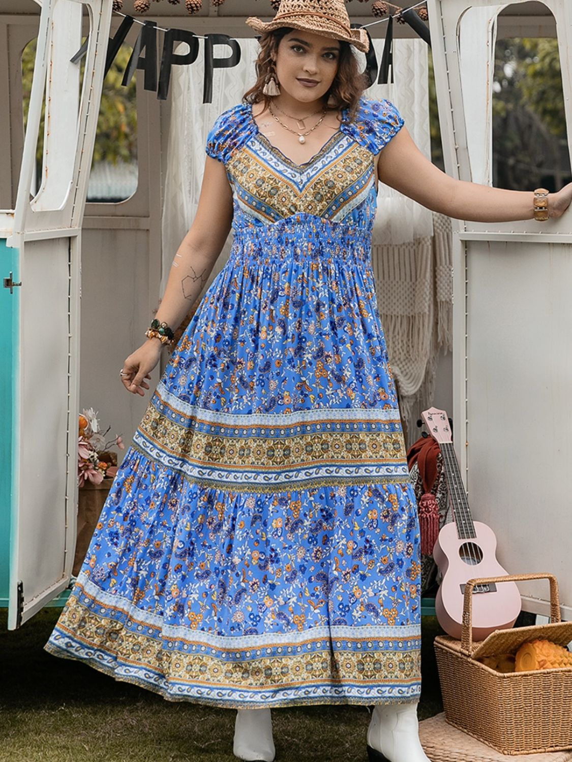 Hazel Blues® | Smocked Printed Cap Sleeve Dress