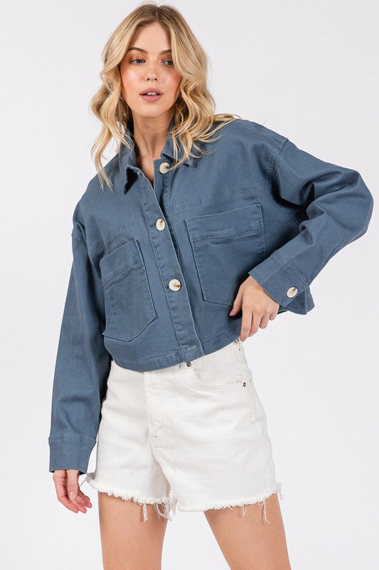 Hazel Blues® |  bytos Button Down Cropped Denim Jacket with Patch Pockets