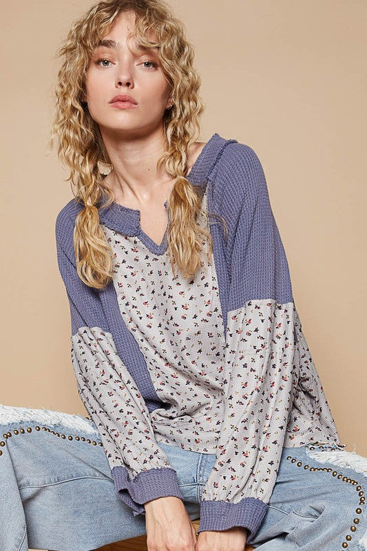 Hazel Blues® |  POL Waffle Knit Floral Notched Long Sleeve Top