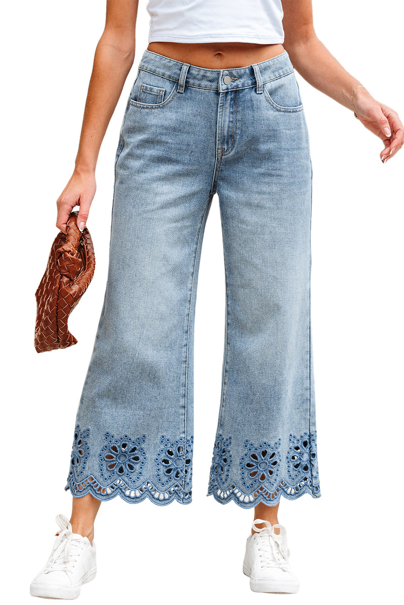 Hazel Blues® |  Dusk Blue Embroidered Cropped Wide Leg High Waist Jeans