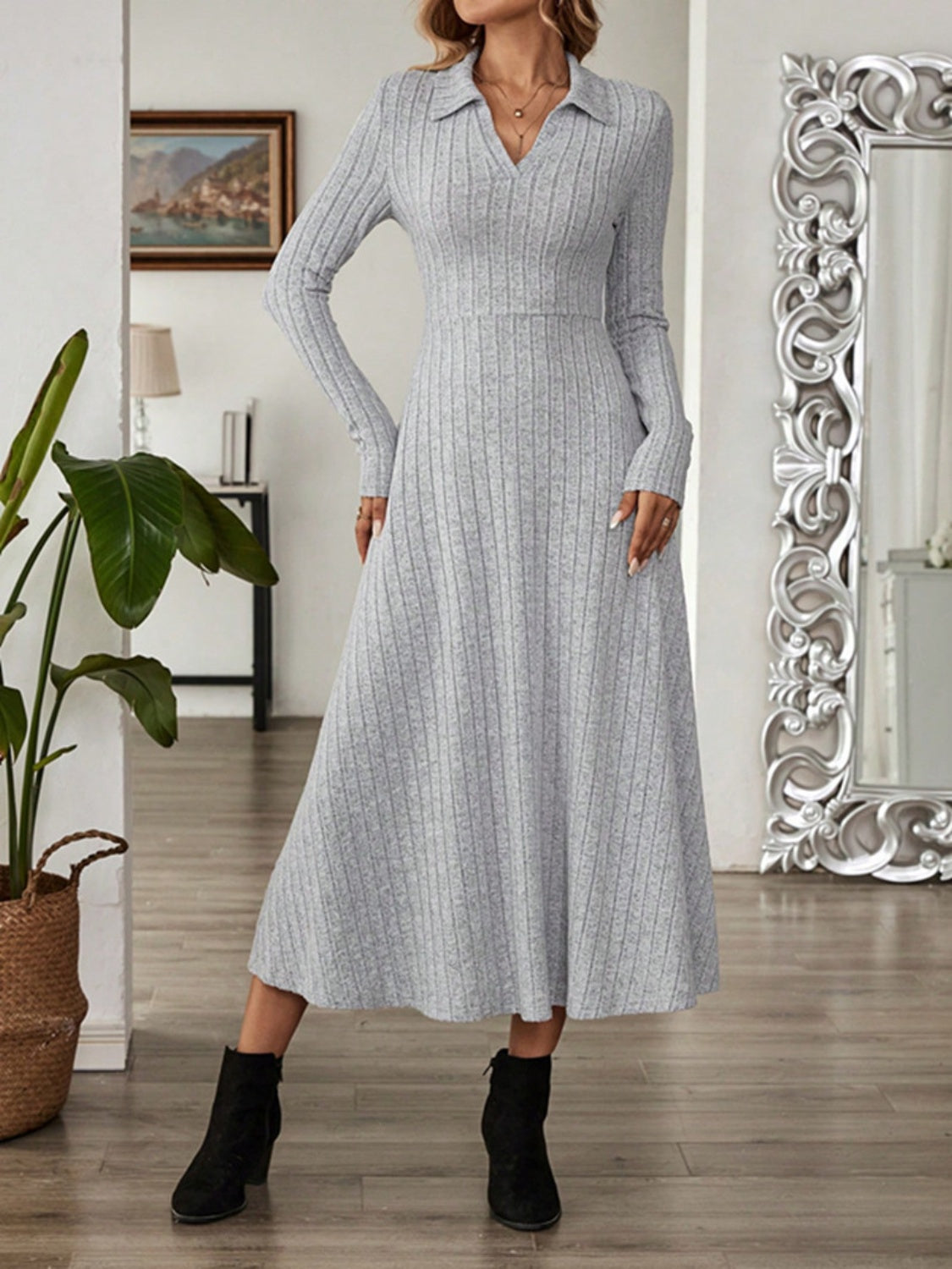 Hazel Blues® |  Ribbed Johnny Collar Long Sleeve Dress