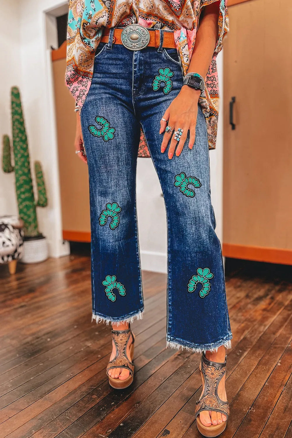Hazel Blues® |  Sail Blue Turquoise Pattern Raw Edge Cropped High Waist Jeans